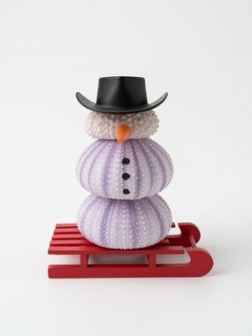 Lavender Sea Urchin Snowman Holiday Figurine with Black Hat